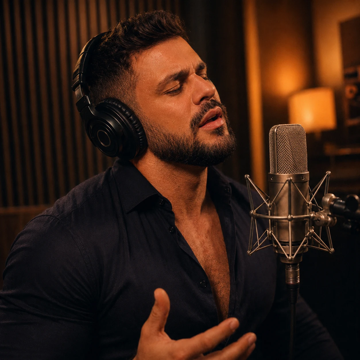 Rafael Notes de olhos fechados, cantando diante do microfone no estúdio